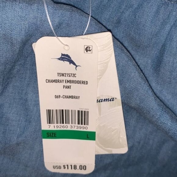 Tommy Bahama Womens Chambray Embroidered Pants W/ Ties & Tassels L 100% Tencel - Picture 2 of 11